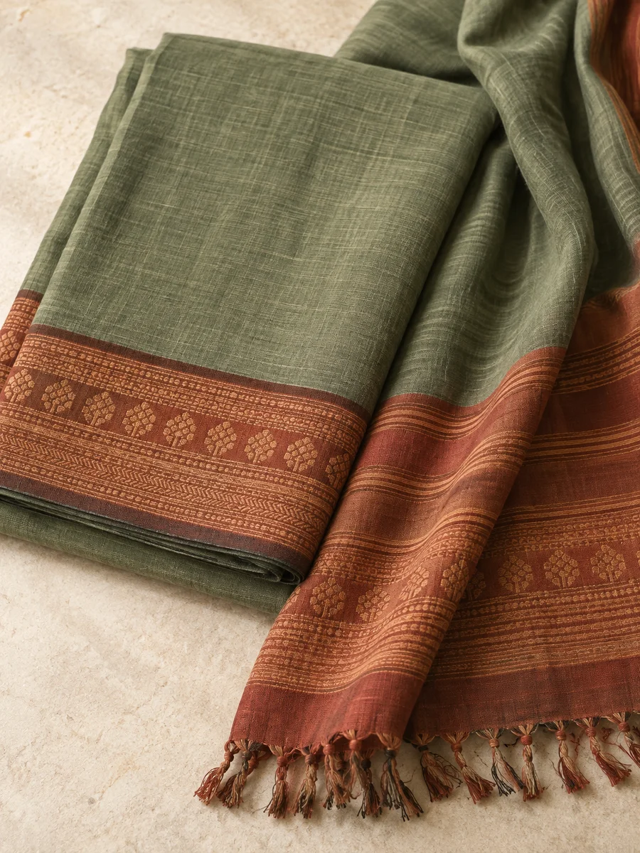 Sage body, rust thread-work border, Negamam cotton from Negamam